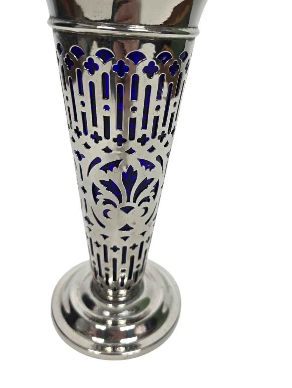 Vintage Godinger Silverplate Vase With Cobalt Blue Glass Liner Pierced Overlay